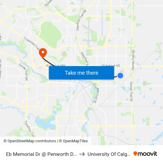 Eb Memorial Dr @ Penworth Dr SE to University Of Calgary map