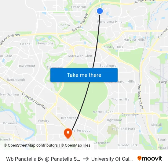 Wb Panatella Bv @ Panatella St NW to University Of Calgary map