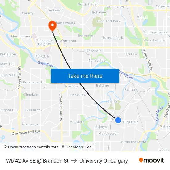 Wb 42 Av SE @ Brandon St to University Of Calgary map