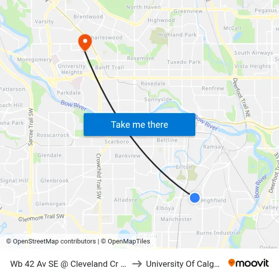 Wb 42 Av SE @ Cleveland Cr SE to University Of Calgary map