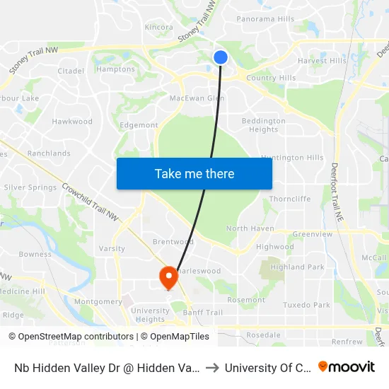 Nb Hidden Valley Dr @ Hidden Valley Gv NW to University Of Calgary map