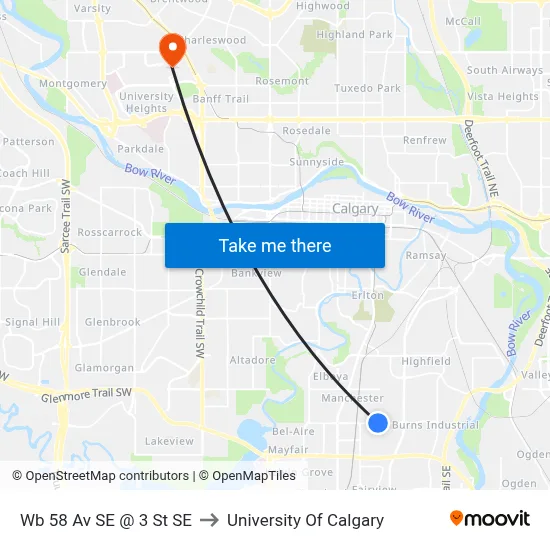 Wb 58 Av SE @ 3 St SE to University Of Calgary map