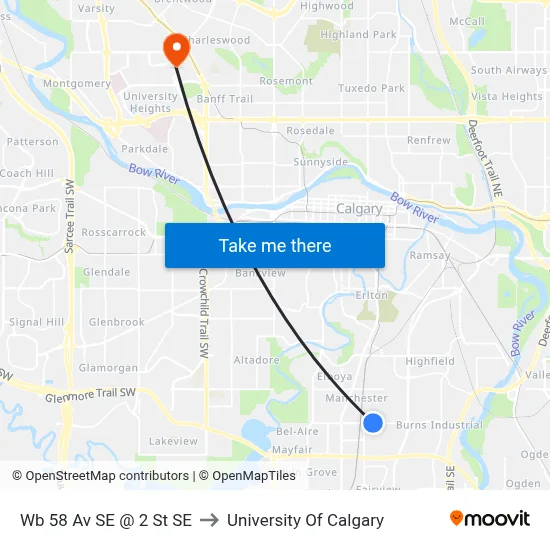 Wb 58 Av SE @ 2 St SE to University Of Calgary map
