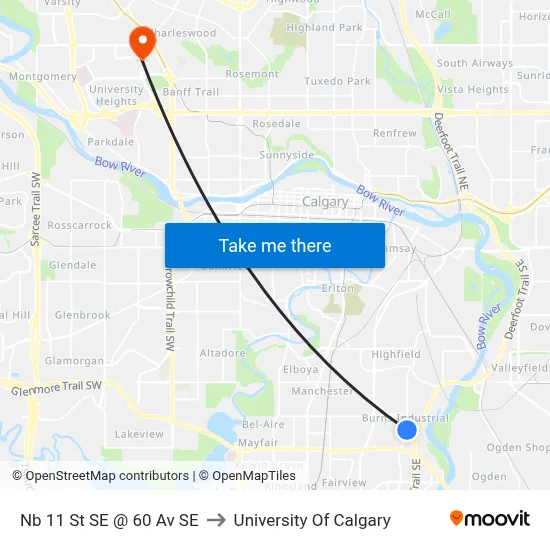 Nb 11 St SE @ 60 Av SE to University Of Calgary map