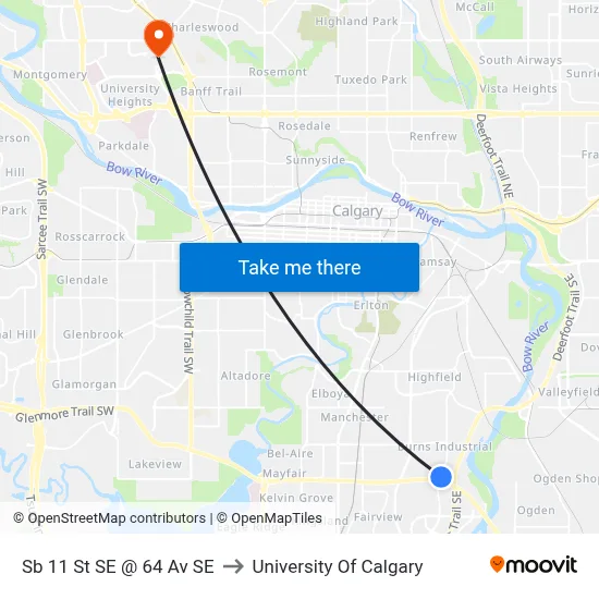 Sb 11 St SE @ 64 Av SE to University Of Calgary map