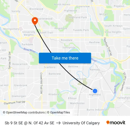 Sb 9 St SE @ N. Of 42 Av SE to University Of Calgary map