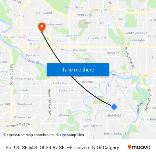 Sb 9 St SE @ S. Of 34 Av SE to University Of Calgary map