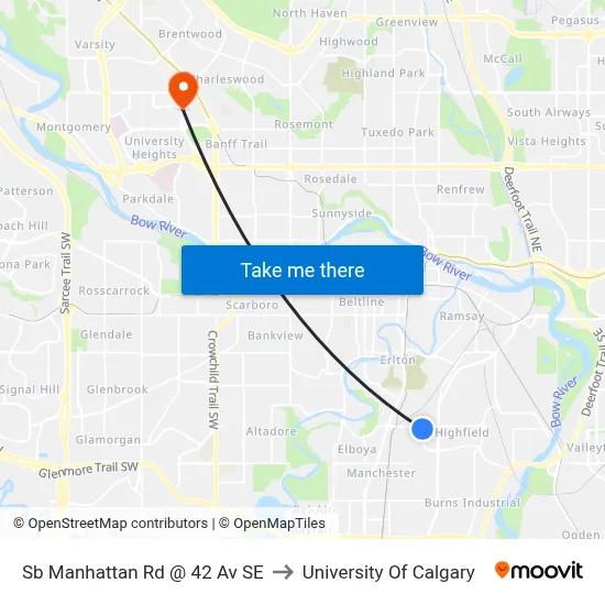 Sb Manhattan Rd @ 42 Av SE to University Of Calgary map