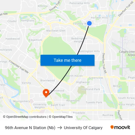 96th Avenue N Station (Nb) to University Of Calgary map