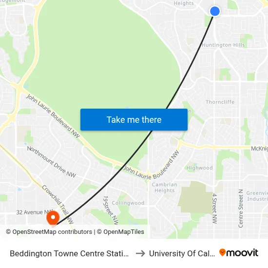 Beddington Towne Centre Station (Nb) to University Of Calgary map