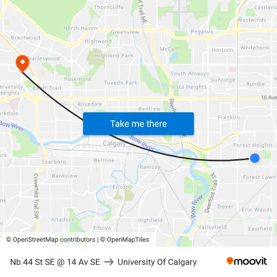 Nb 44 St SE @ 14 Av SE to University Of Calgary map