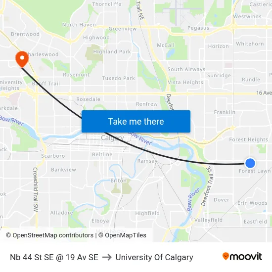 Nb 44 St SE @ 19 Av SE to University Of Calgary map