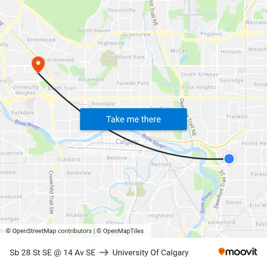 Sb 28 St SE @ 14 Av SE to University Of Calgary map