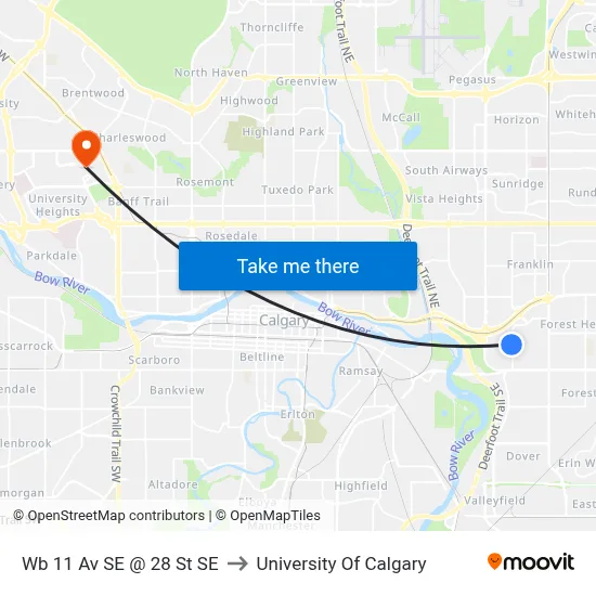 Wb 11 Av SE @ 28 St SE to University Of Calgary map