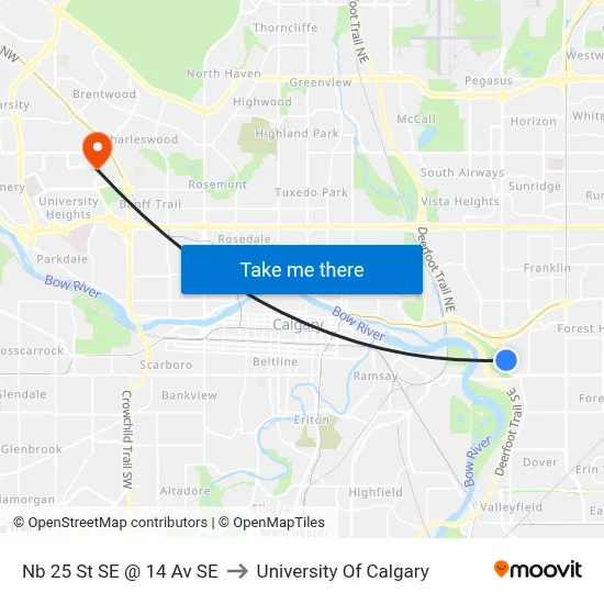 Nb 25 St SE @ 14 Av SE to University Of Calgary map