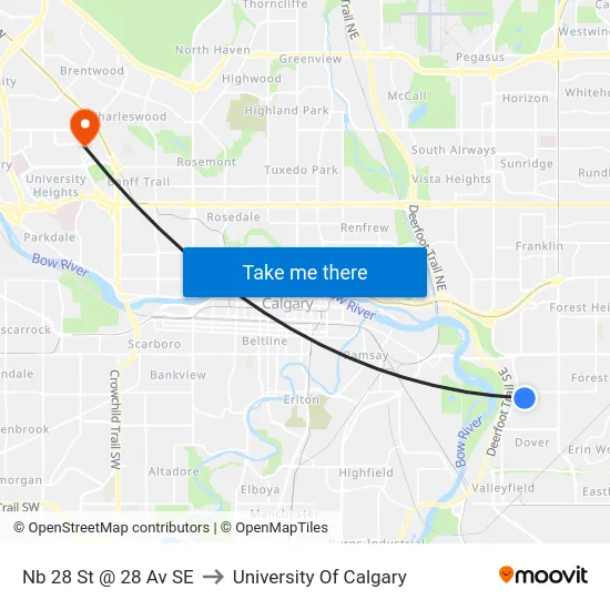 Nb 28 St @ 28 Av SE to University Of Calgary map