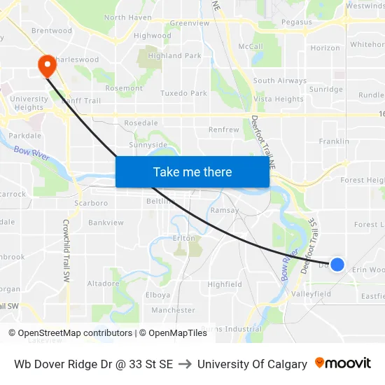 Wb Dover Ridge Dr @ 33 St SE to University Of Calgary map