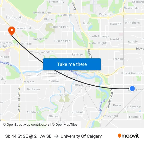 Sb 44 St SE @ 21 Av SE to University Of Calgary map