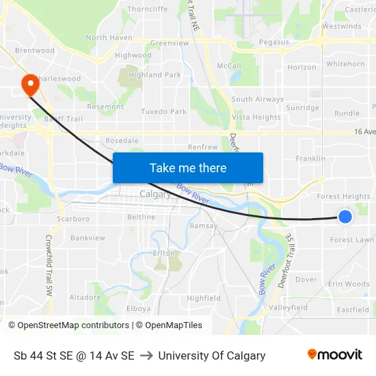 Sb 44 St SE @ 14 Av SE to University Of Calgary map