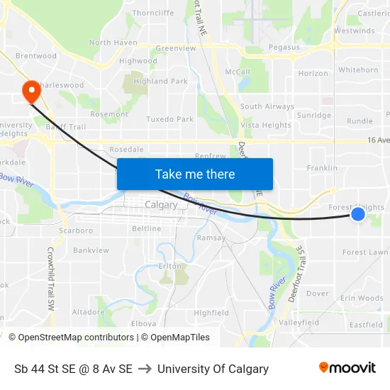 Sb 44 St SE @ 8 Av SE to University Of Calgary map