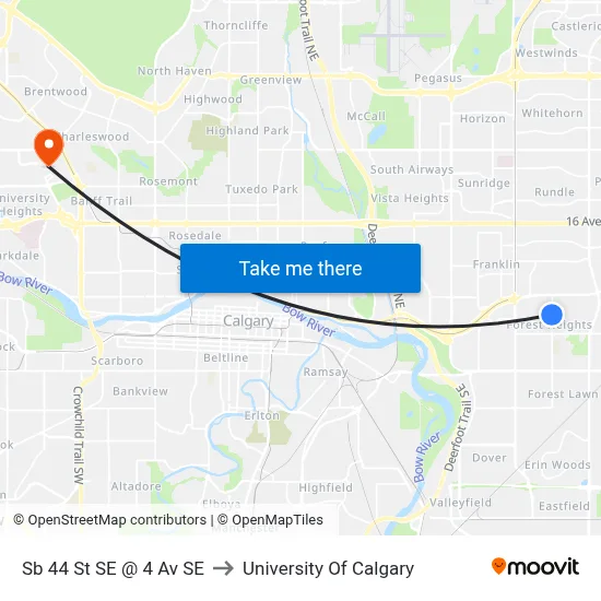 Sb 44 St SE @ 4 Av SE to University Of Calgary map