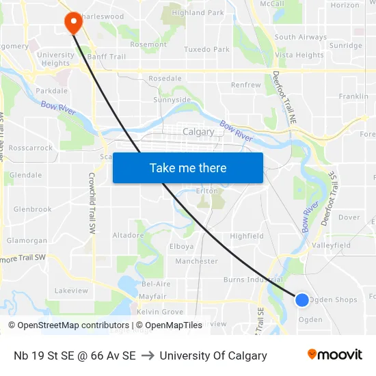 Nb 19 St SE @ 66 Av SE to University Of Calgary map