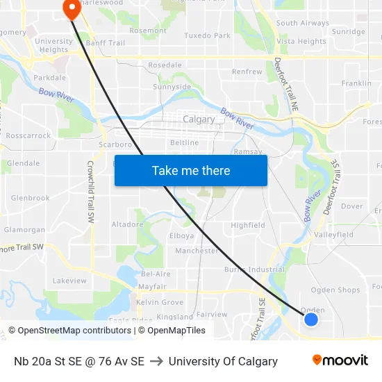 Nb 20a St SE @ 76 Av SE to University Of Calgary map