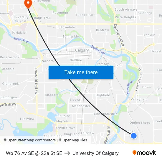Wb 76 Av SE @ 22a St SE to University Of Calgary map