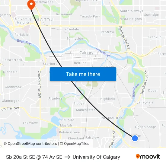 Sb 20a St SE @ 74 Av SE to University Of Calgary map