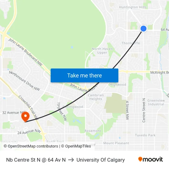 Nb Centre St N @ 64 Av N to University Of Calgary map