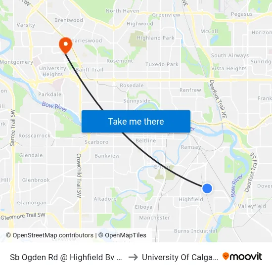Sb Ogden Rd @ Highfield Bv SE to University Of Calgary map