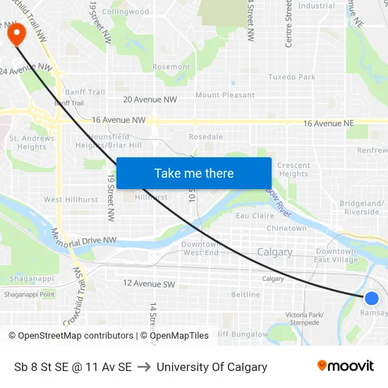 Sb 8 St SE @ 11 Av SE to University Of Calgary map