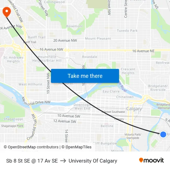 Sb 8 St SE @ 17 Av SE to University Of Calgary map
