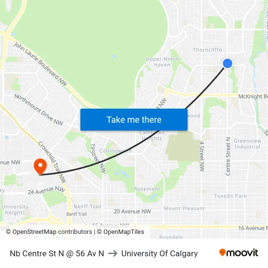 Nb Centre St N @ 56 Av N to University Of Calgary map