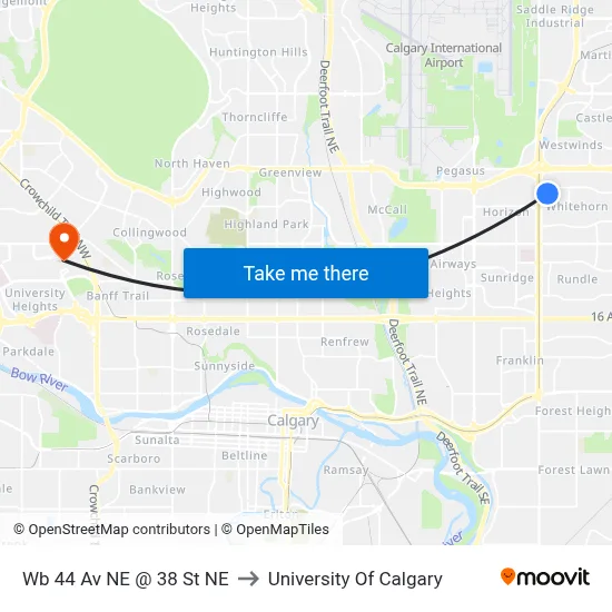 Wb 44 Av NE @ 38 St NE to University Of Calgary map