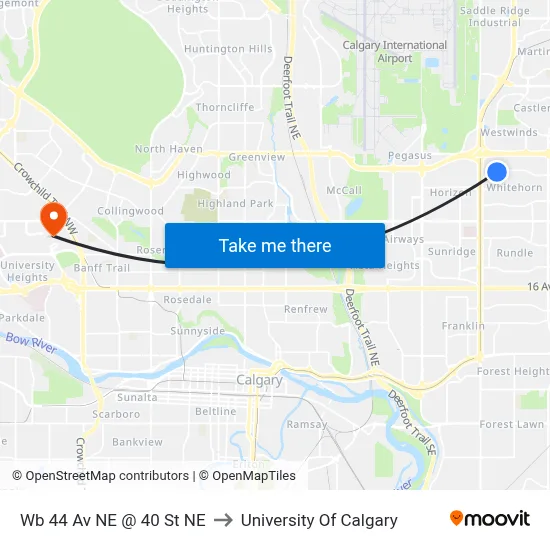 Wb 44 Av NE @ 40 St NE to University Of Calgary map