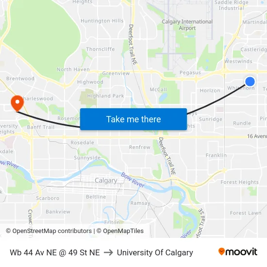 Wb 44 Av NE @ 49 St NE to University Of Calgary map