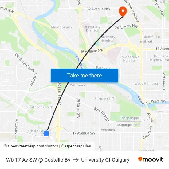 Wb 17 Av SW @ Costello Bv to University Of Calgary map