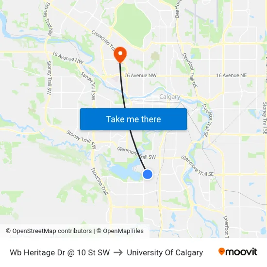 Wb Heritage Dr @ 10 St SW to University Of Calgary map