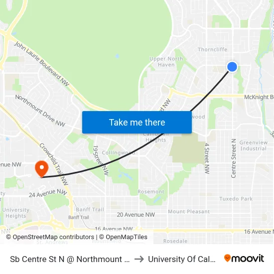 Sb Centre St N @ Northmount Dr N to University Of Calgary map