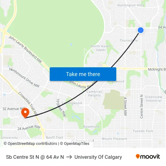 Sb Centre St N @ 64 Av N to University Of Calgary map