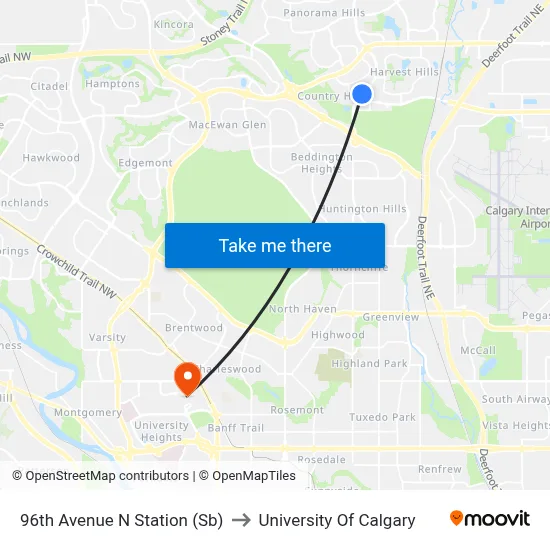 96th Avenue N Station (Sb) to University Of Calgary map