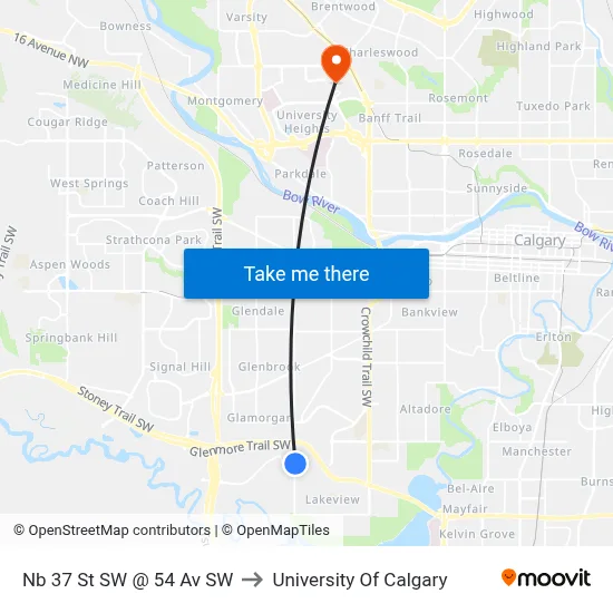 Nb 37 St SW @ 54 Av SW to University Of Calgary map