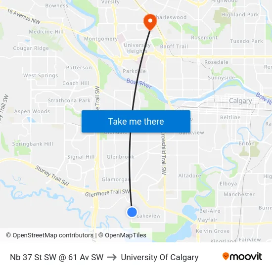 Nb 37 St SW @ 61 Av SW to University Of Calgary map