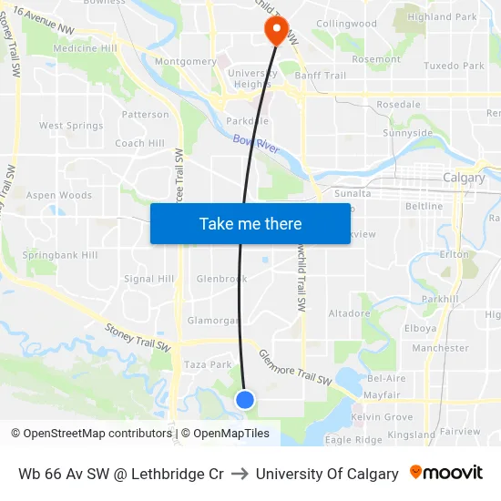 Wb 66 Av SW @ Lethbridge Cr to University Of Calgary map