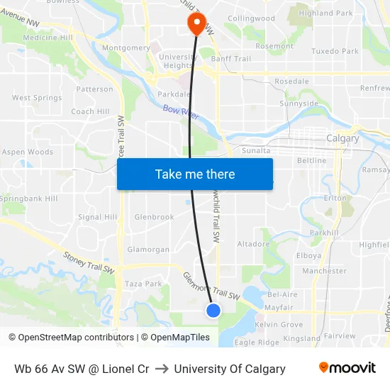 Wb 66 Av SW @ Lionel Cr to University Of Calgary map