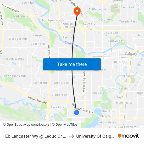 Eb Lancaster Wy @ Leduc Cr SW to University Of Calgary map