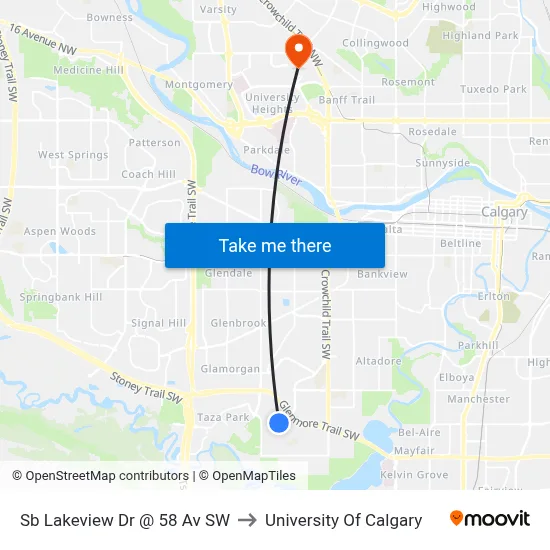 Sb Lakeview Dr @ 58 Av SW to University Of Calgary map