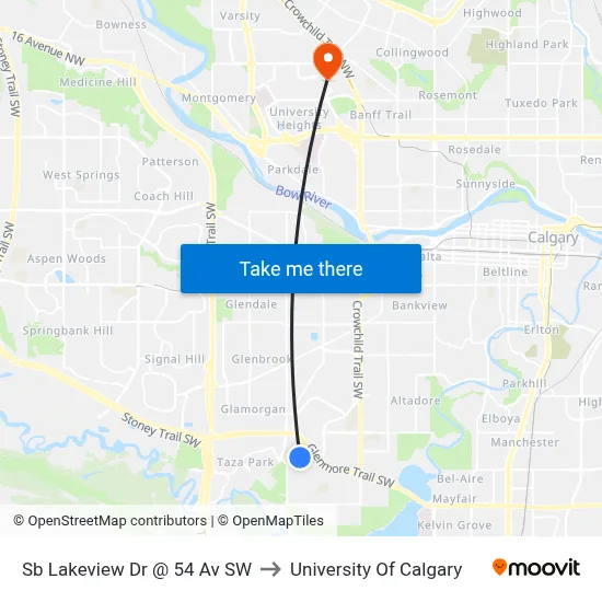 Sb Lakeview Dr @ 54 Av SW to University Of Calgary map