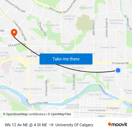 Wb 12 Av NE @ 4 St NE to University Of Calgary map